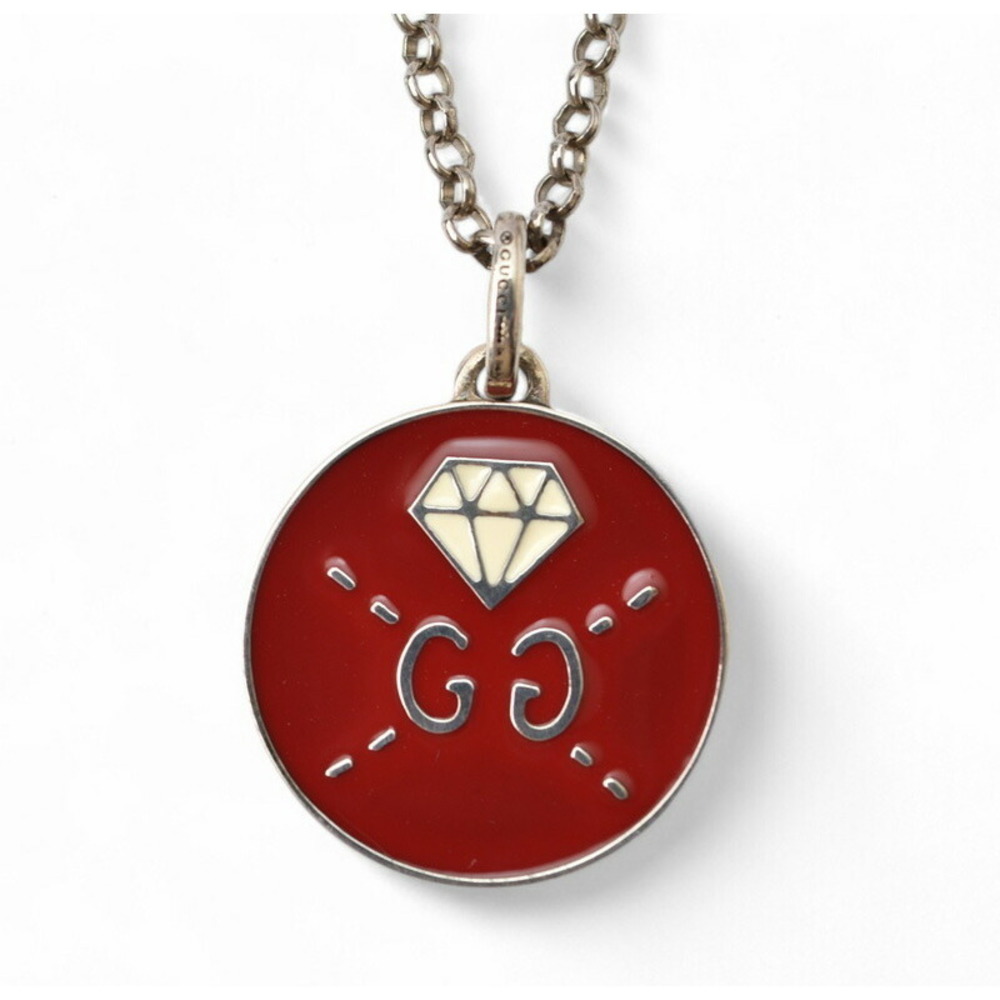 Gucci Ghost Pendant Necklace Silver GG Logo Silver Pendant Red White